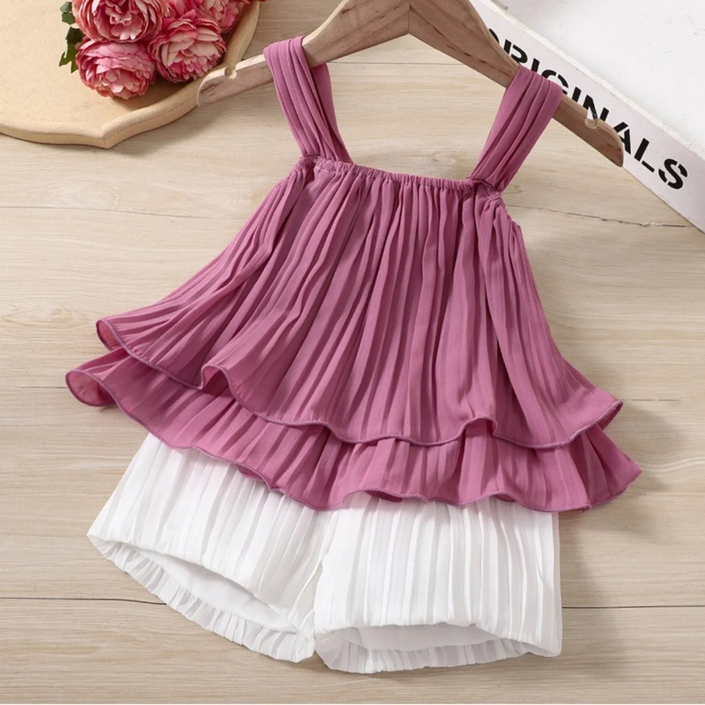 2pcs Baby/Toddler Girl Elegant Pleated Ruffled Purple Camisole and White Shorts